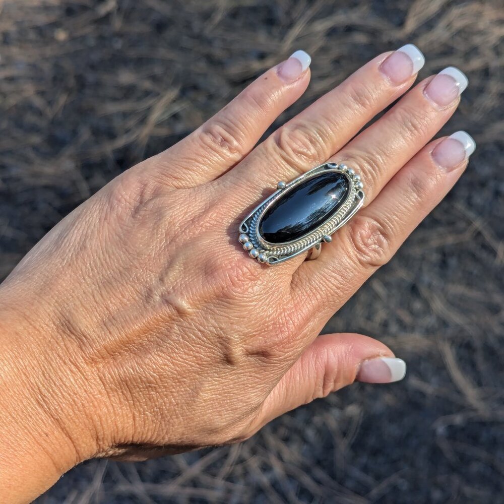 Handmade Navajo Jet Black Ring Large Oval Shape Sterling Silver Jewelry Sz 10 **